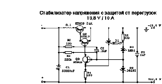 Cтабилизатор напряжения с защитой от перегрузок 13,8 V / 10 A